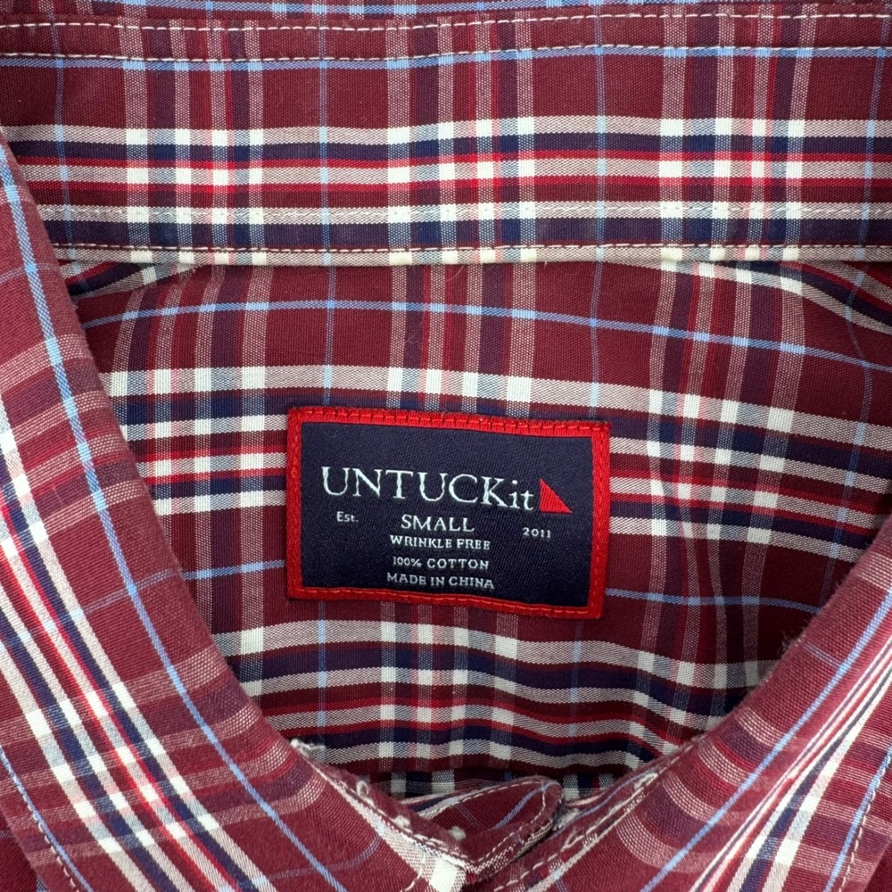 UNTUCKit Mens Small Wrinkle Free Plaid Button Down Shirt Burgundy Blue White - Picture 4 of 7